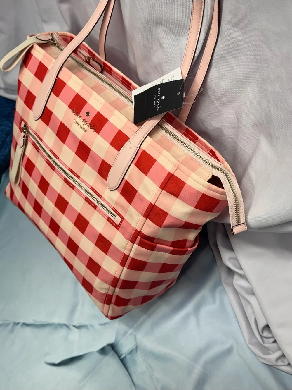 (new+tag) Kate Spade Large Gingham Tote Front Zip Pocket, Double Compartment